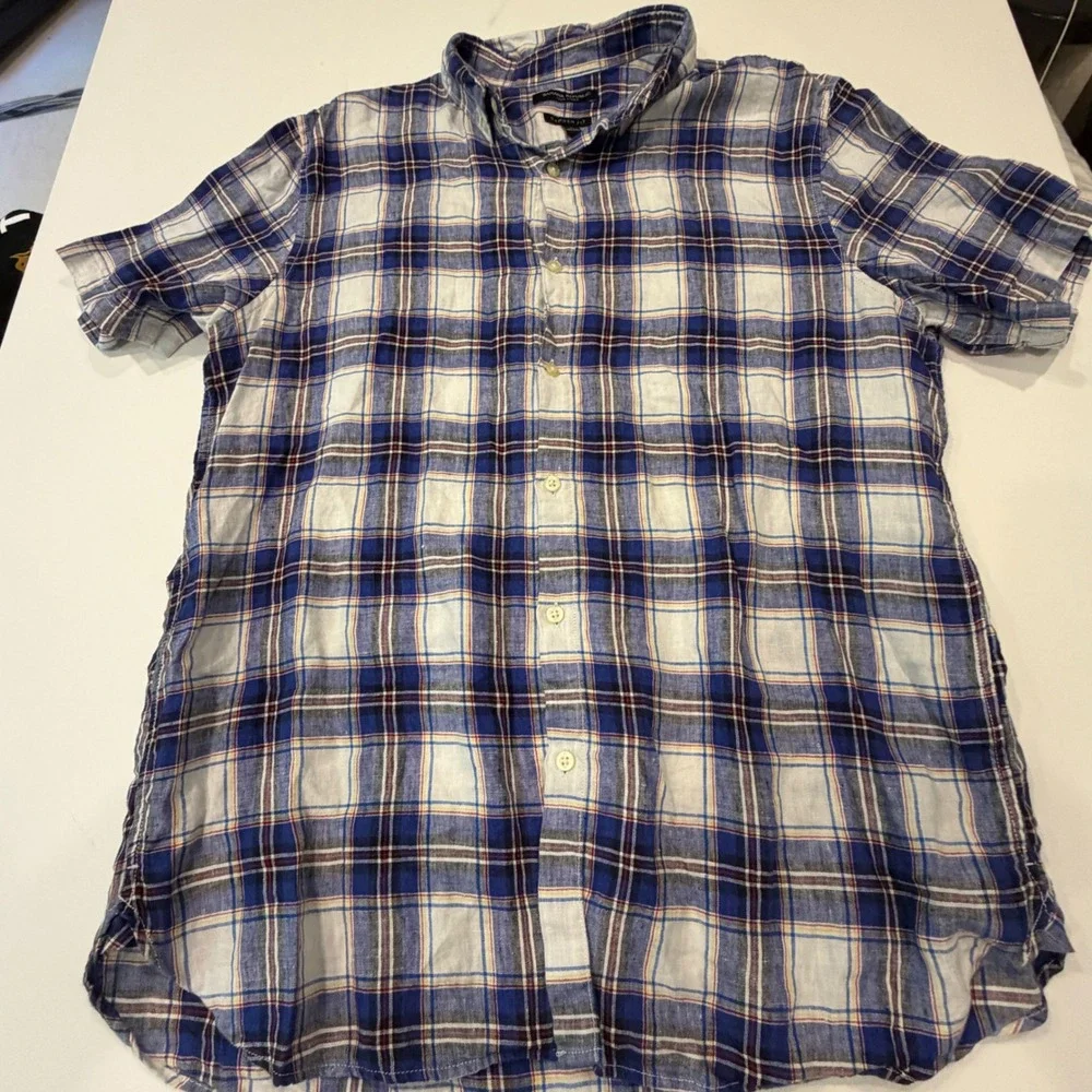 Banana Republic Men's L 100% Linen Plaid Shirt Coastal Preppy Camden Fit